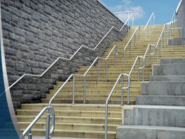 Steel handrails and guardrails on an industrial staircase