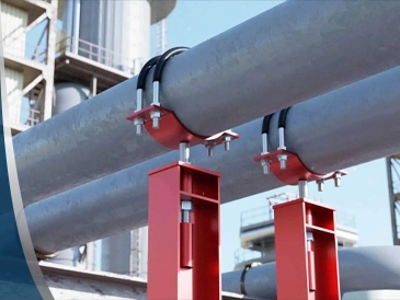 Steel pipe supports routing process piping in an industrial plant