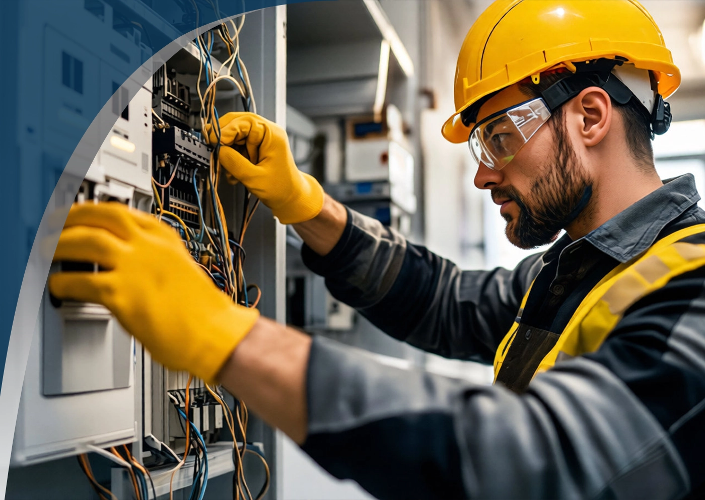Electrician installing industrial wiring wearing a hardhat