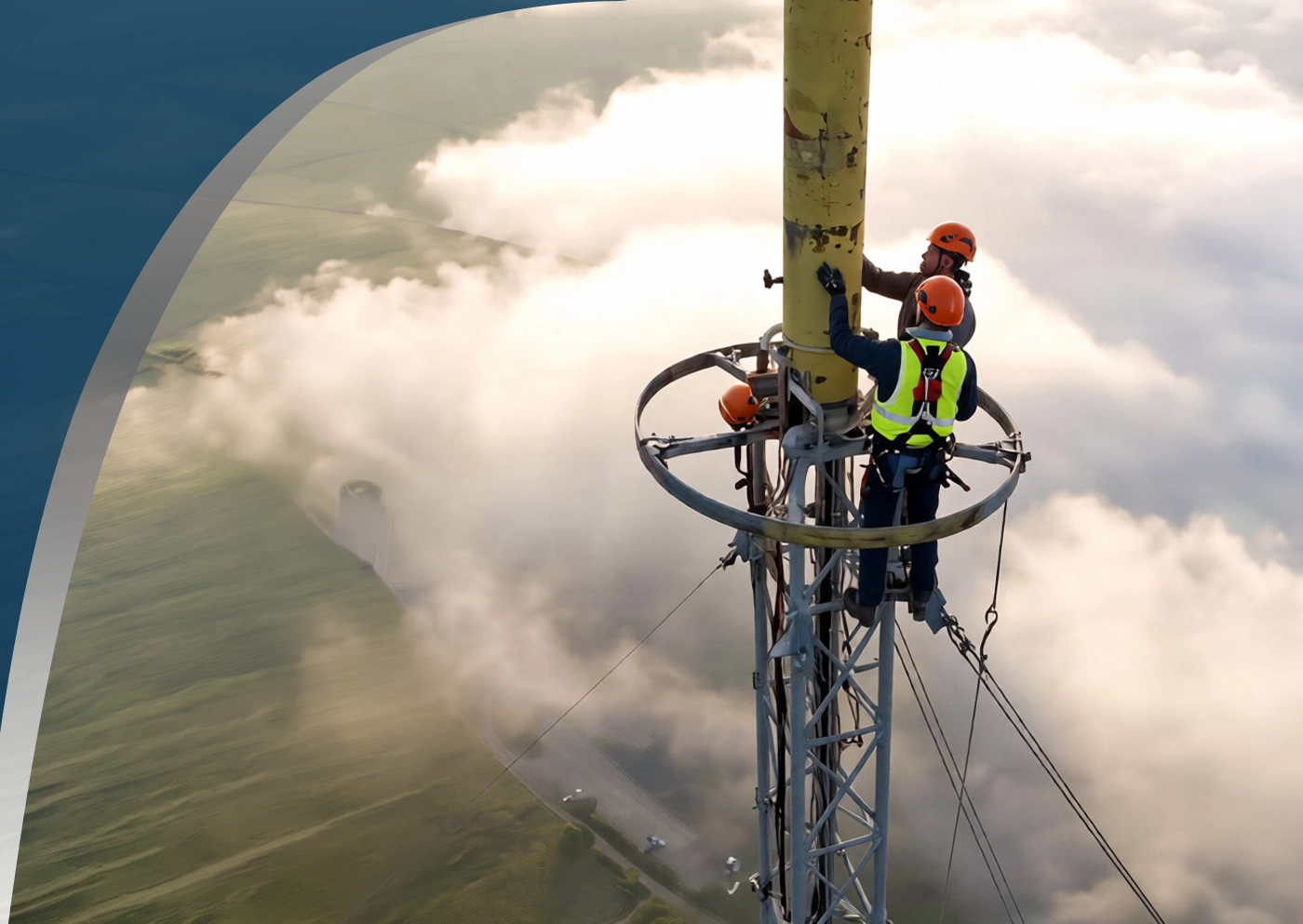 Technician on a lift working on a tower upgrade